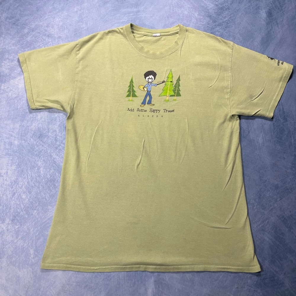 Bob Ross green t-shirt with "Add Some Happy Trees" design